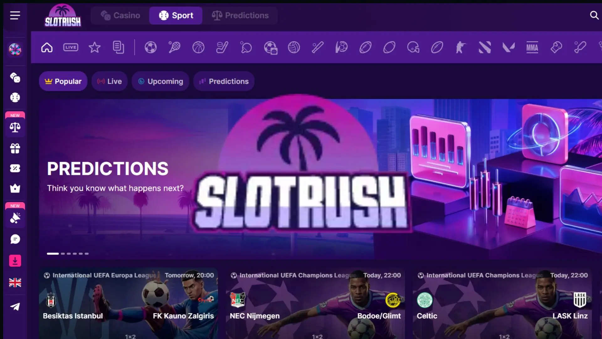 Interfaz de apuestas deportivas en Slotrush para mostrar los mercados y deportes disponibles.