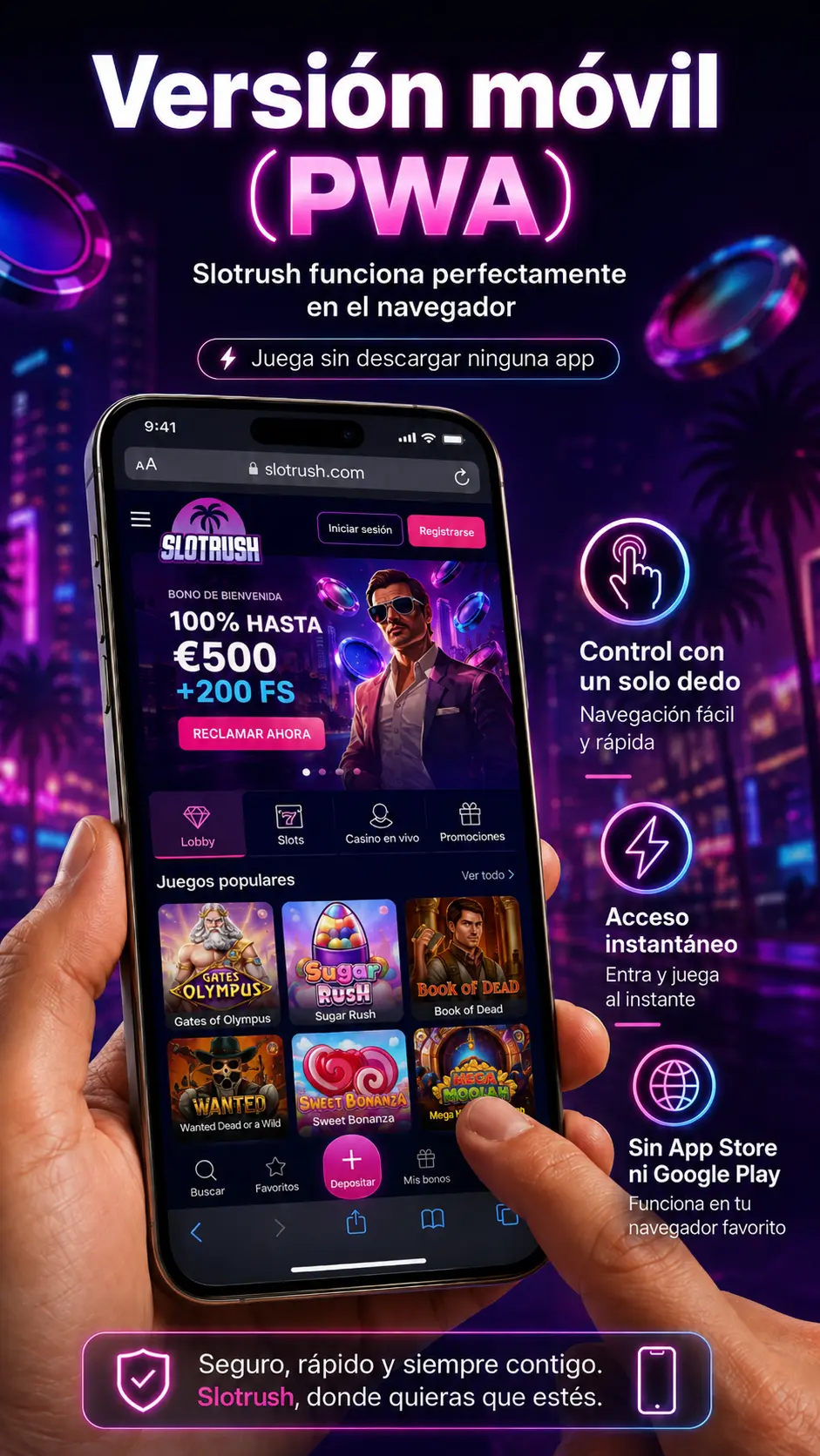  Interfaz de la versión móvil PWA de Slotrush para destacar la experiencia de juego en smartphones.