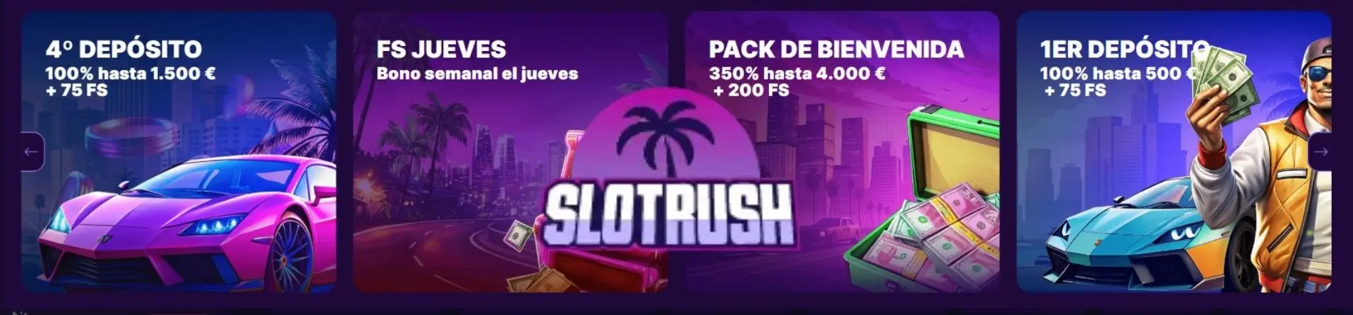 Banners de bonos de Slot Rush que detallan depósitos para informarse sobre las promociones